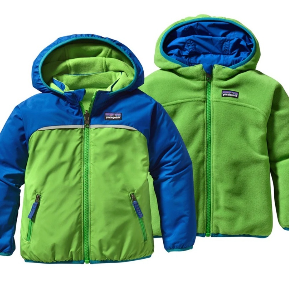 Patagonia Reversible Kids Puff-Ball Jacket Green Blue Hooded Puffer Gorpcore